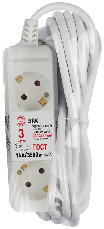 Удлинитель электрический U-3e-3m-3x1,5 с заземлением 3 розетки 3м ПВС 3x1,5мм2 16А | Б0044032 | ЭРА — миниатюра 3
