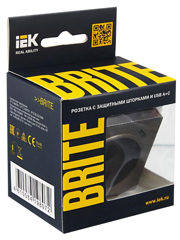 BRITE Розетка с заземлением со шторками 16А с USB A+C 18Вт РЮш11-1-БрТБ темная бронза | BR-R14-16-U22-018-K45 | IEK — миниатюра 7
