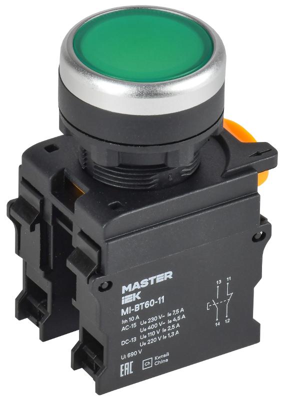 Кнопка d=22мм 1NO+1NC зелёная MASTER | MI-BT60-11-3-22-K06 | IEK — IEK (ИЭК)