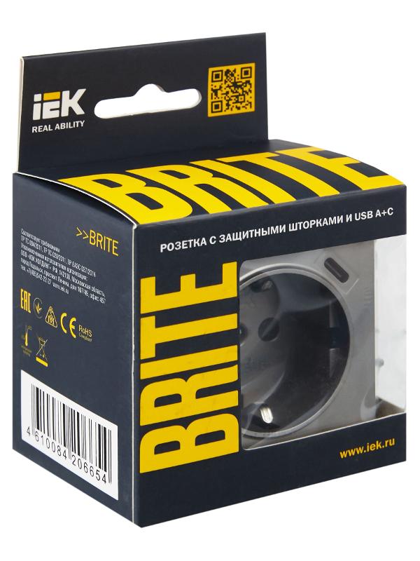 BRITE Розетка с заземлением со шторками 16А с USB A+C 18Вт РЮш11-1-БрС сталь | BR-R14-16-U22-018-K46 | IEK — миниатюра 7