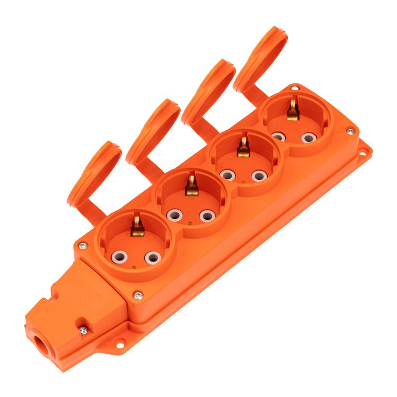 Розетка (колодка) влагозащищенная с крышкой 4 гнезда COMPACT, с/з, 16А, IP54, каучук, оранжевая | 111-228 | REXANT — REXANT