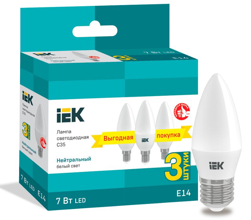 Лампа светодиодная LED C35 свеча 7Вт 230В 4000К E14 (3шт/упак) | LLE-C35-07-230-40-E14-3 | IEK — IEK (ИЭК)
