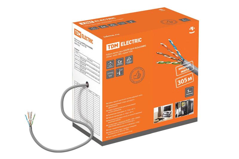 Кабель витая пара U/UTP Cat 6 4х2х23AWG (305м)  solid, ПВХ, серый | SQ0107-0103 | TDM — TDM ELECTRIC