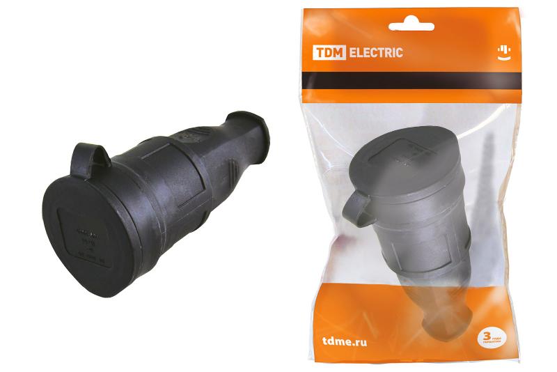 Розетка переносная с заглушкой каучук 2Р+РЕ 16А 250В IP44  | SQ0612-0002 | TDM — TDM ELECTRIC