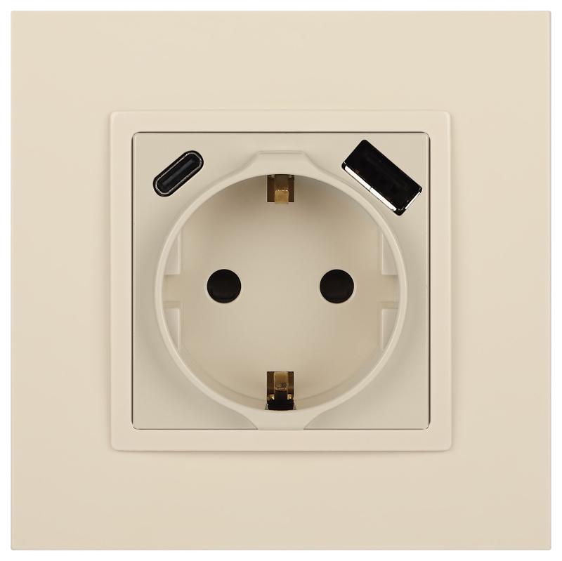 Розетка Elegance 14-4108-02 2P+E 16A-250В со шторками с USB type-A+C 5В-3А слоновая кость | Б0067725 | ЭРА — миниатюра 3