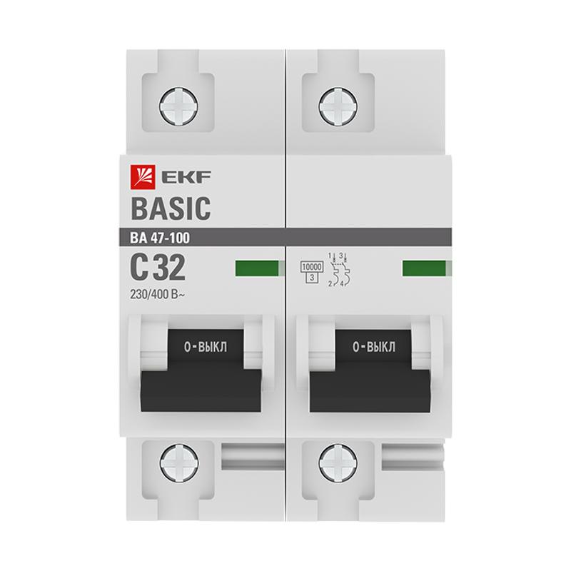 Выключатель автоматический двухполюсный 2P 32А (C) 10kA ВА 47-100 EKF Basic | mcb47100-2-32C-bas | EKF — миниатюра 2