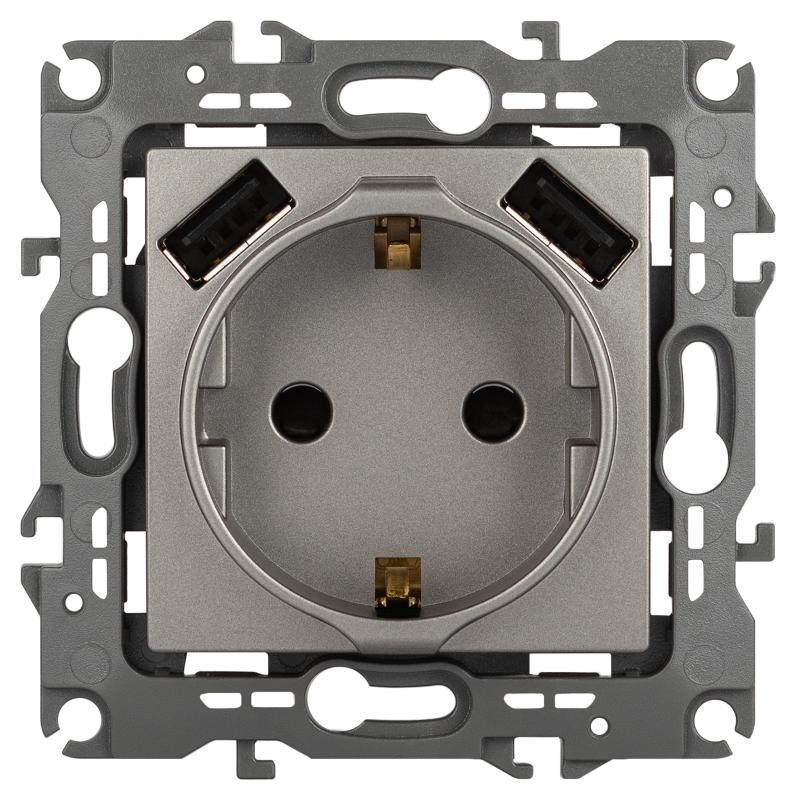 Розетка ЭРА Серия 12 12-4109-16 , 2P+E 16A-250В, штор. с 2xUSB 5В-3А, титан  | Б0065729 | ЭРА — миниатюра 1