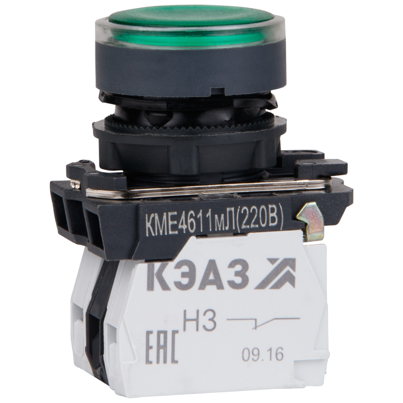 Кнопка КМЕ4611мЛ-220В-зеленый-1но+1нз-цилиндр-индикатор-IP65 | 248250 | КЭАЗ — КЭАЗ (Курский электроаппаратный завод)