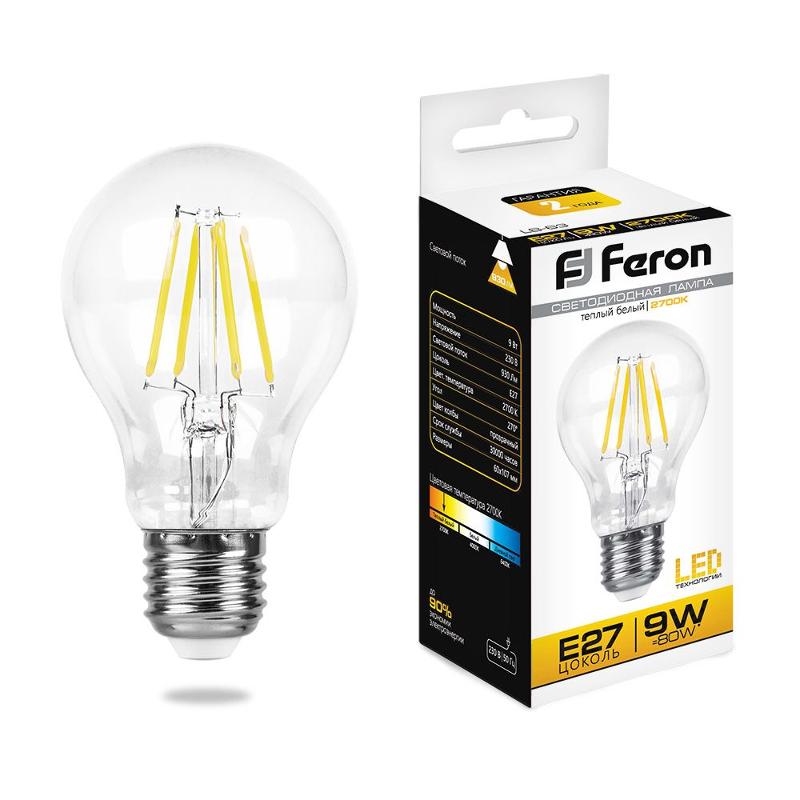 Лампа светодиодная LB-63 (9W) 230V E27 2700K филамент A60 прозрачная | 25631 | FERON — фото 1 | Sento