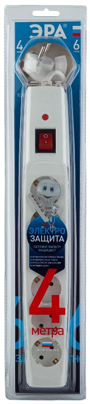 SFX-6es-4m-W Сет.фильтр (белый) с заземл, 10A, с выкл, 6гн, 4м (10/200) | Б0044025 | ЭРА — миниатюра 2
