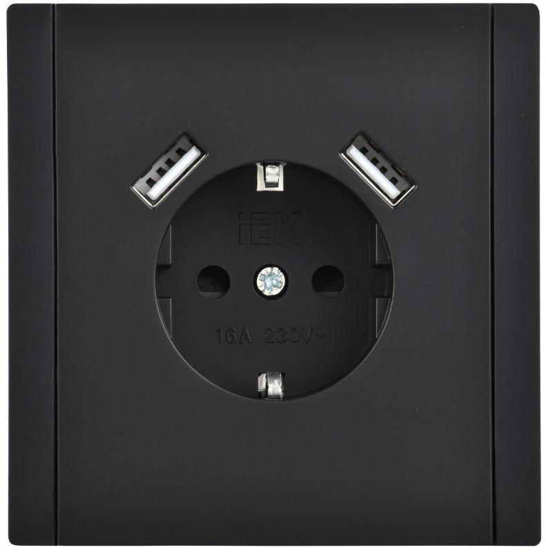 FORTE&PIANO Розетка с заземлением, со шторками в/к 16А USB A+A 3,1А FP145 черный | FP-R14-16-U21-D31-K02 | IEK — миниатюра 2