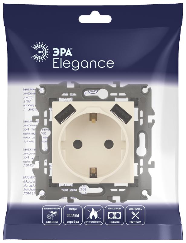 14-4109-02 Розетка без заземления+E 16A-250В, штор. с 2xUSB 5В-3А, Elegance, слоновая кость (10/100/2000 | Б0047868 | ЭРА — миниатюра 2