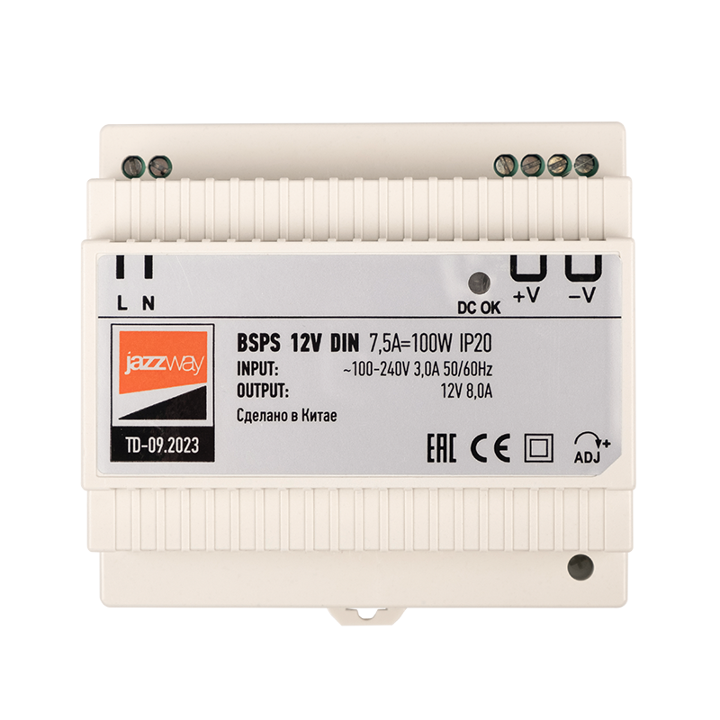 Драйвер для светодиодной ленты BSPS DIN 12V 7.5A=100w PL IP20 3г.гар  на DIN-рейку | .5049987 | Jazzway — миниатюра 2