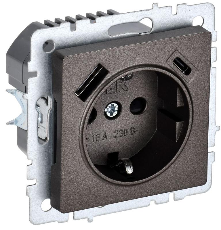 BRITE Розетка с заземлением со шторками 16А с USB A+C 18Вт РЮш11-1-БрТБ темная бронза | BR-R14-16-U22-018-K45 | IEK — IEK (ИЭК)