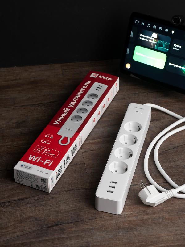 Удлинитель Умный с управлением по Wi-Fi 4 гнезда + 3хUSB с выкл. бел. HomeConnect | RCE-1-WF | EKF — миниатюра 4