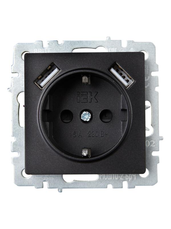 BRITE Розетка с заземлением со шторками 16А с USB A+A 3,1А РЮш10-2-БрЧ черный | BR-R14-16-U21-D31-K02 | IEK — миниатюра 2