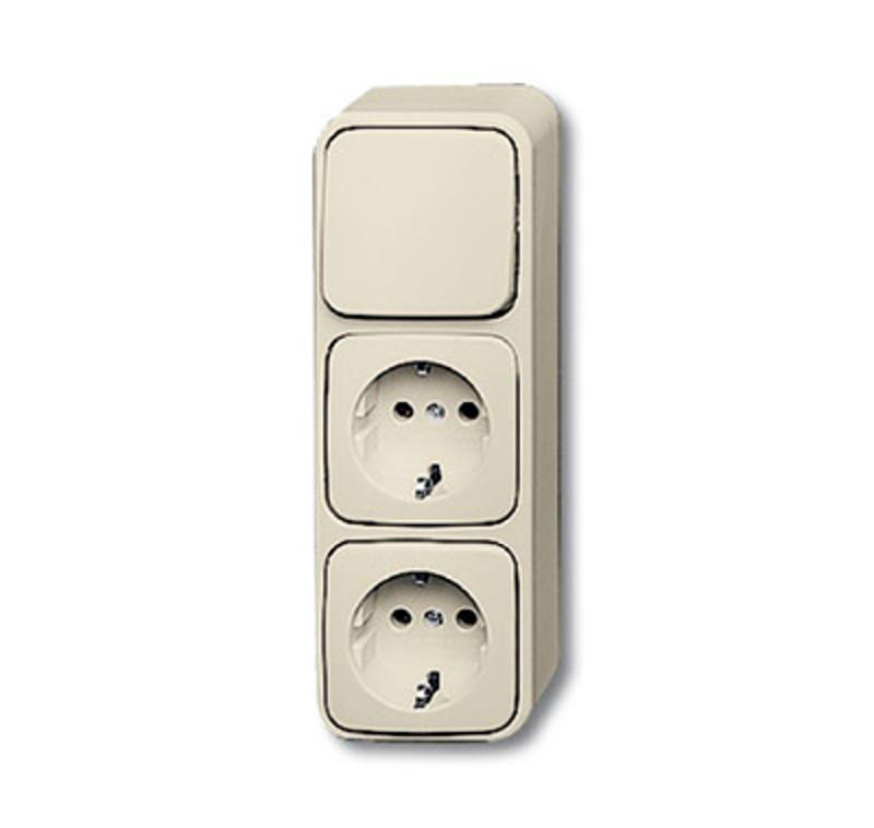 Блок из 1-клавишного перекл. и 2-х розеток SCHUKO для открытого монтажа, серия Busch-Duro 2000 AP, цвет сл. кость |1686-0-0013 |2CKA001686A0013 | ABB — ABB