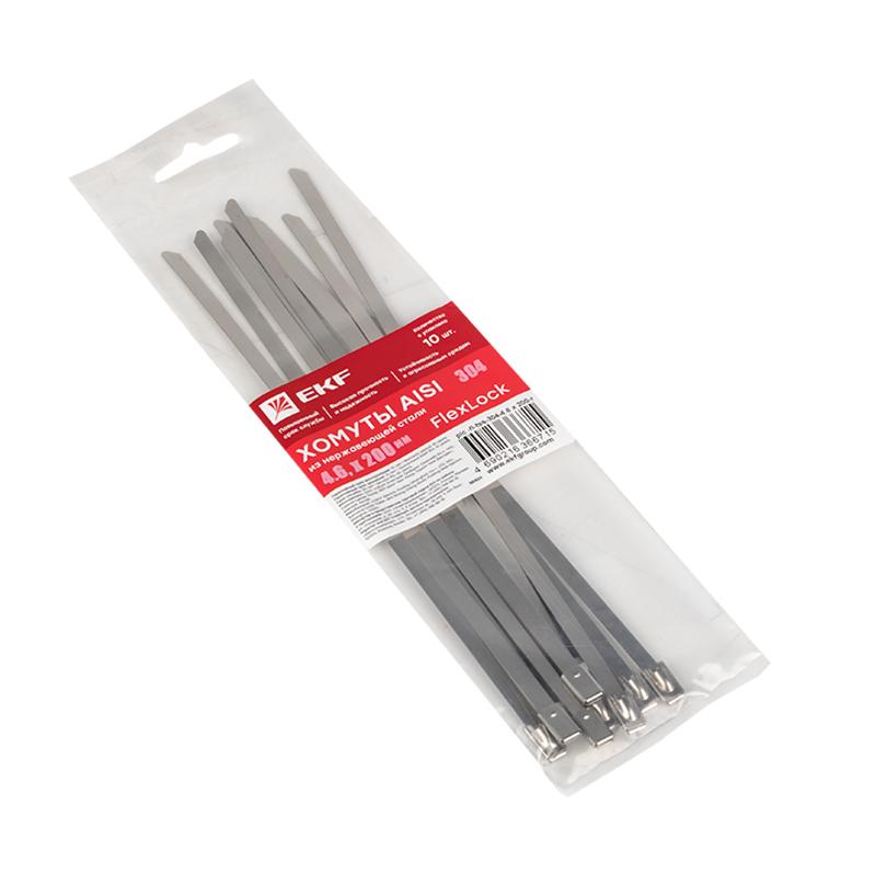 Хомут AISI 304 из нержавеющей стали, 4.6x200 (10 шт.) FlexLock PROxima | plc-fl-tss-304-4.6x200-r | EKF — миниатюра 2