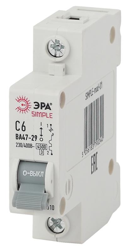 Выключатель автоматический однополюсный SIMPLE-mod-01 ВА47-29 1P 6А 4,5кА характеристика C SIMPLE | Б0039218 | ЭРА — ЭРА (Энергия света)