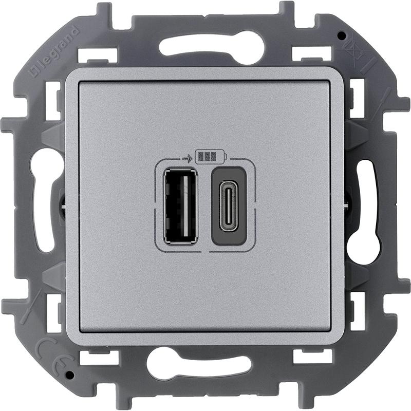 Inspiria Алюминий Устройство зарядное 2 местное с USB-разьемами A-C 240В/5В 3000мА С/У без рамки | 673762 | Legrand — Legrand