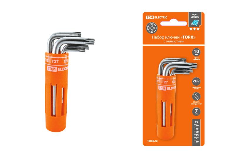 Набор ключей "TORX" с отверстием 7 шт: T9-T30 (круглый держатель в блистере), CR-V сталь "Алмаз" | SQ1021-0101 | TDM — TDM ELECTRIC