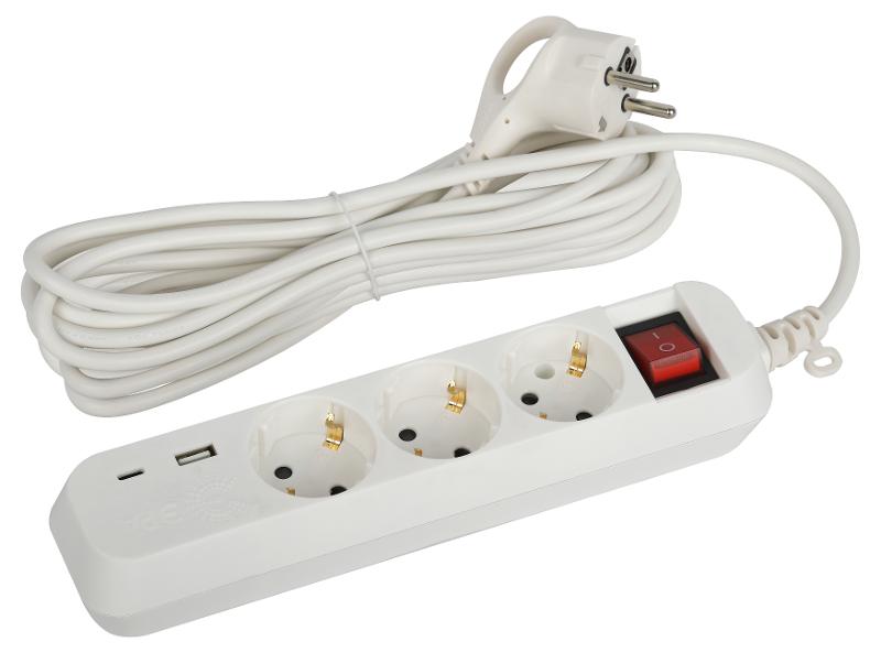 Удлинитель электрический  UB-3es-5m-USB c заземлением с выключателем 3 розетки + 1xUSBA+1xUSBC 5м 10А  | Б0052899 | ЭРА — миниатюра 1