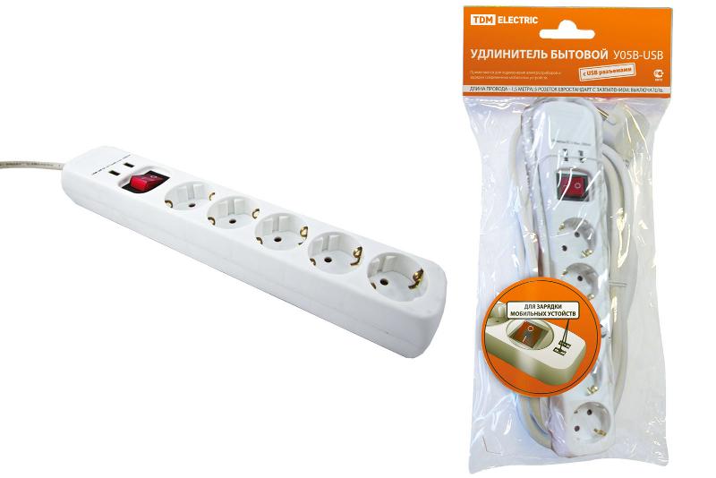Удлинитель бытовой  У05В-USB 5 гнезд, 2USB разъема, 1,5 метра, вык., з/к, ПВС 3х1мм2  16А/250В  | SQ1303-0302 | TDM — TDM ELECTRIC