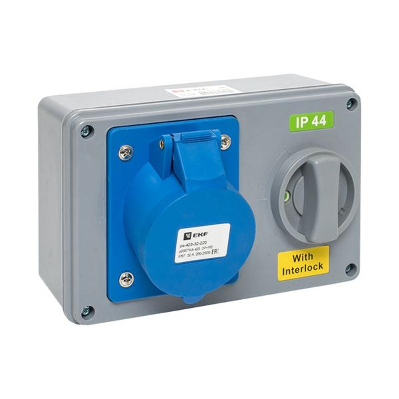 Розетка с блокировкой и выключателем 1423 2Р+РЕ 32А 220В IP44 EKF | ps-1423-32-220 | EKF — миниатюра 1