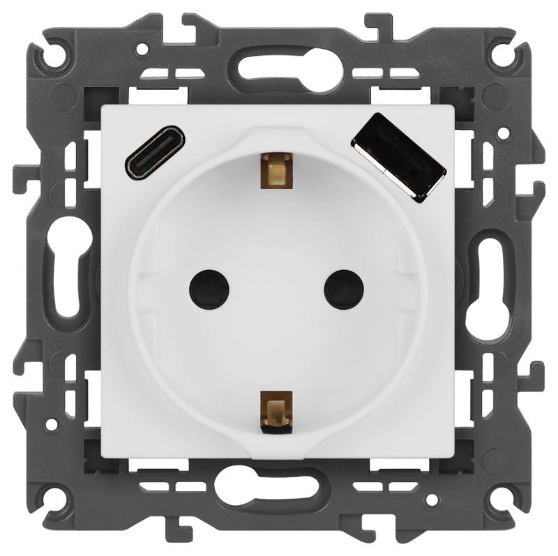 Розетка Elegance 14-4108-01М 2P+E 16A-250В со шторками с USB type-A+C 5В-3А белый матовый | Б0067710 | ЭРА — миниатюра 1