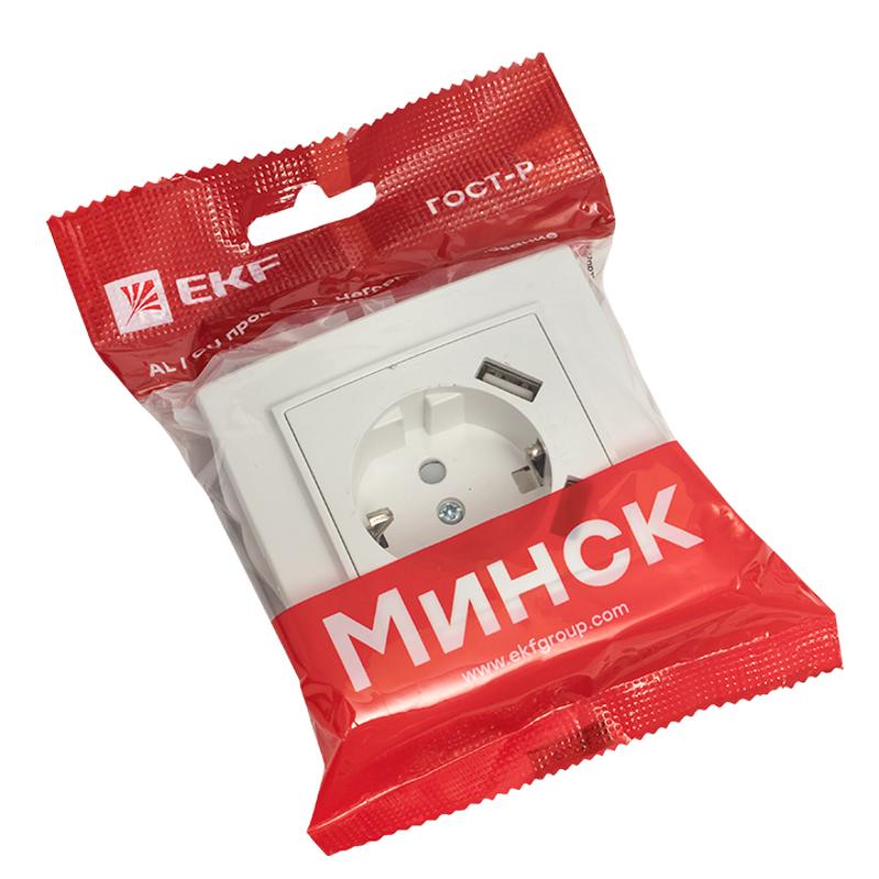Минск Розетка 1-местная СП с/з 16А белая с защ. штор. с 2 USB 2,1А  | ERR16-028-100-2USB | EKF — миниатюра 6