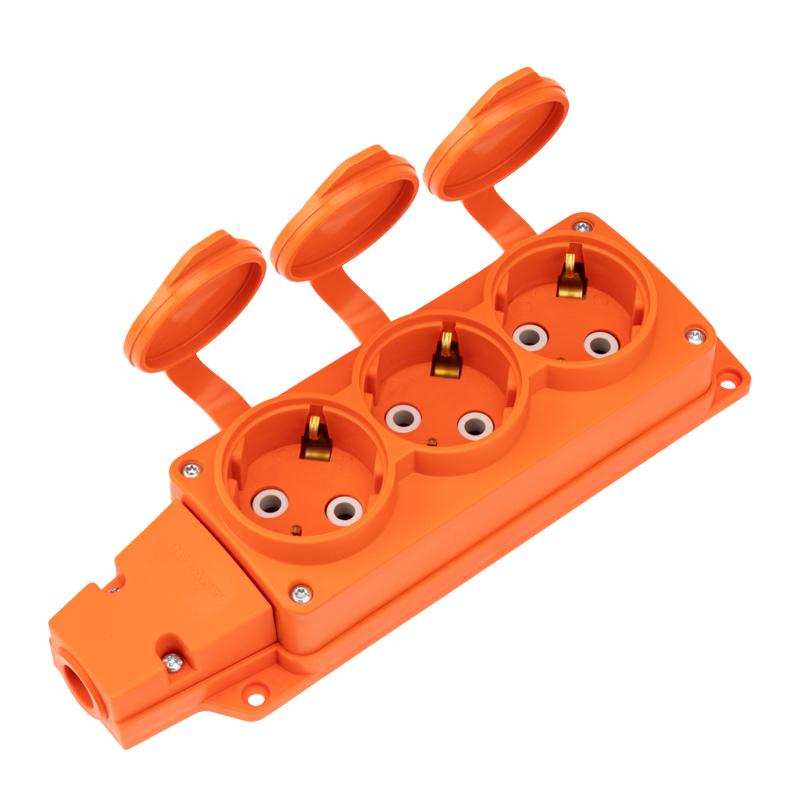 Розетка (колодка) влагозащищенная с крышкой 3 гнезда COMPACT, с/з, 16А, IP54, каучук, оранжевая | 111-227 | REXANT — REXANT