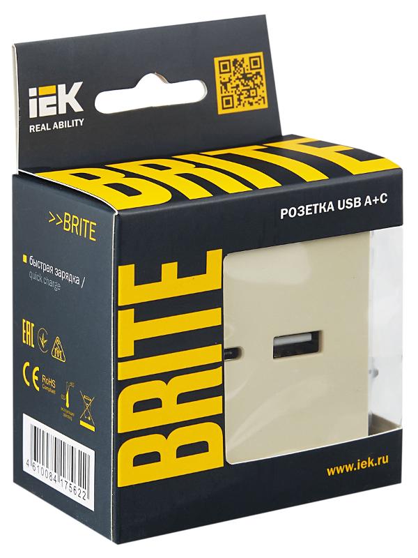 BRITE Розетка USB A+C 18Вт РЮ11-1-БрКр бежевый | BR-U22-018-K10 | IEK — миниатюра 7