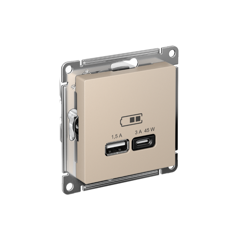 AtlasDesign Песочный USB Розетка A + тип-C 45Вт высокоскоростной заряд QC,PD, механизм | ATN001229 | SE — Systeme Electric
