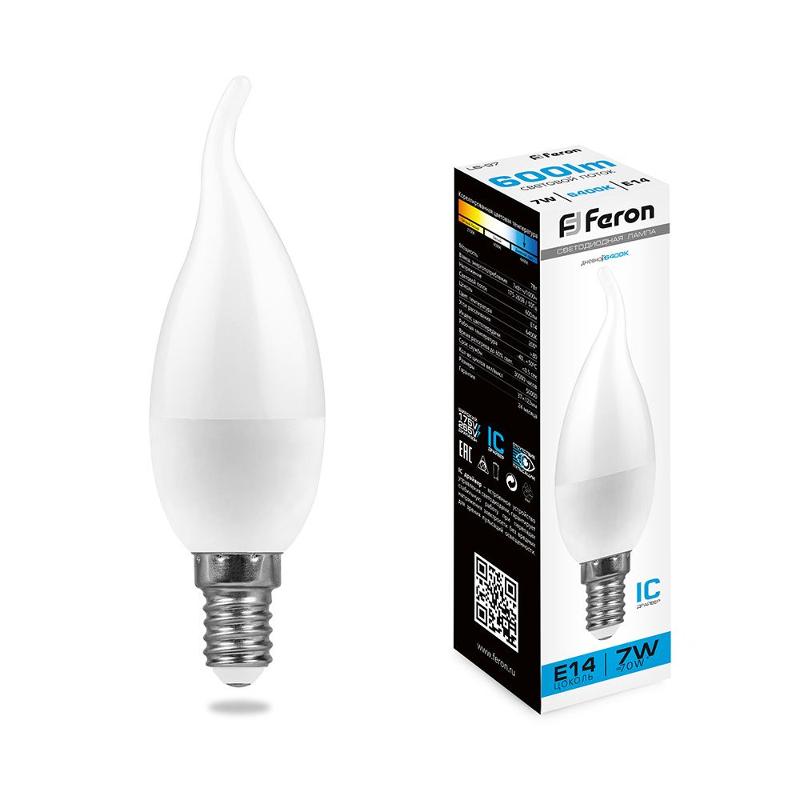 Лампа светодиодная, (7W) 230V E14 6400K на ветру C37T, LB-97 | 38135 | FERON — миниатюра 2