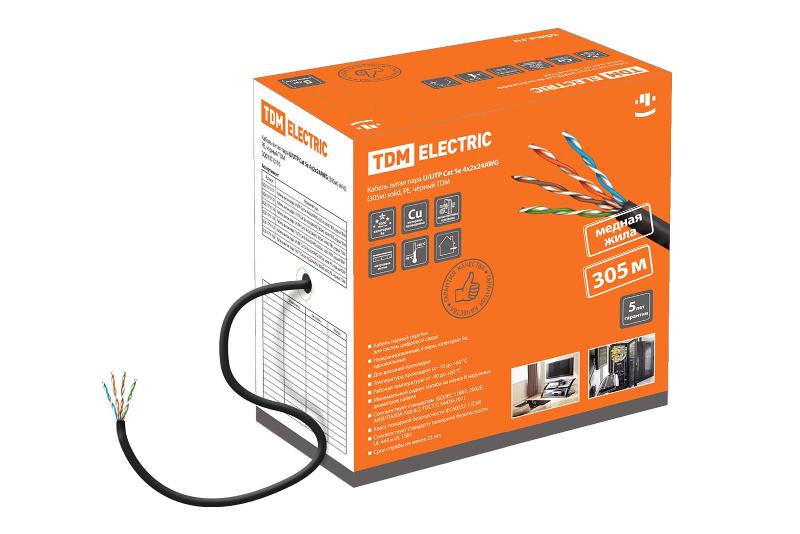 Кабель витая пара U/UTP Cat 5e 4х2х24AWG (305м) solid, PE, чёрный | SQ0107-0105 | TDM — TDM ELECTRIC
