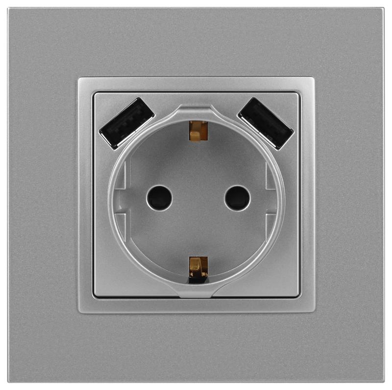 14-4109-03 Розетка без заземления+E 16A-250В, штор. с 2xUSB 5В-3А, Elegance, алюминий (10/100/2000) | Б0047869 | ЭРА — миниатюра 3