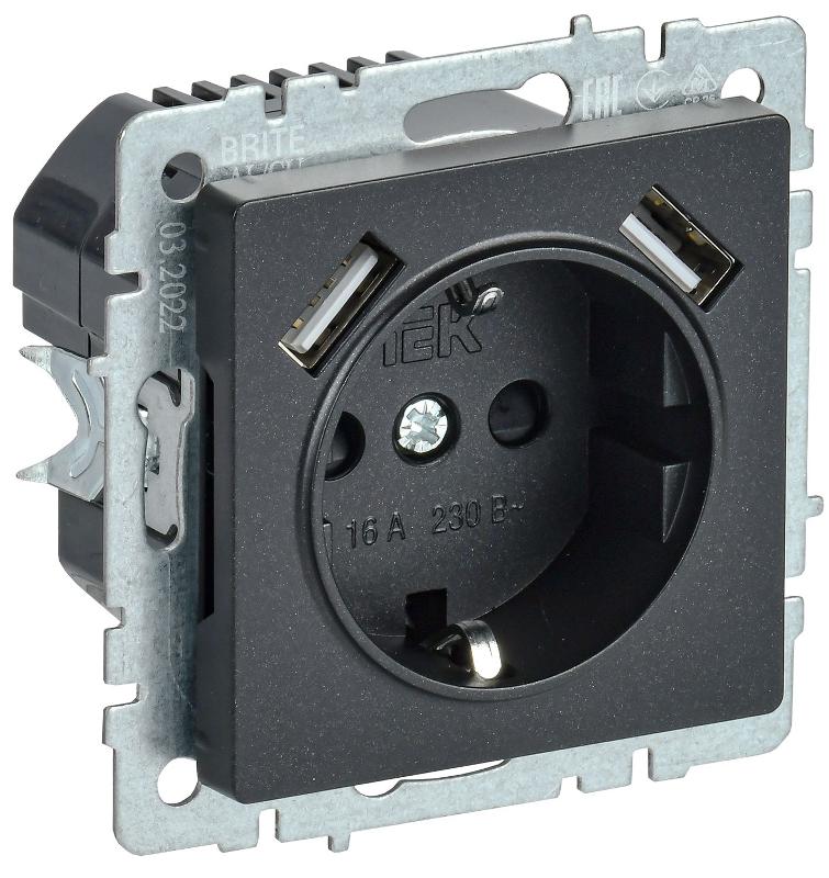 BRITE Розетка с заземлением со шторками 16А с USB A+A 2,1А РЮш10-1-БрЧ черный | BR-R14-16-U21-D21-K02 | IEK — миниатюра 1