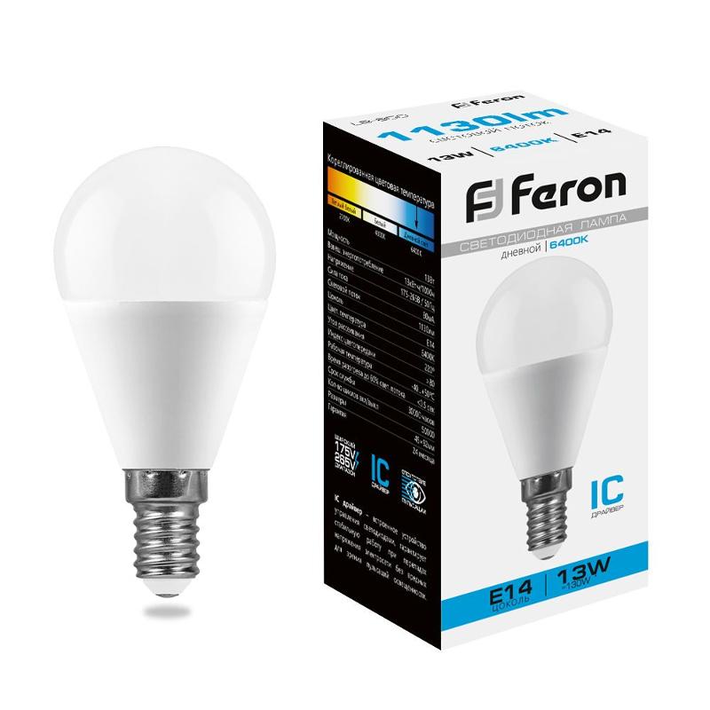 Лампа светодиодная, (13W) 230V E14 6400K G45, LB-950 | 38103 | FERON — Feron