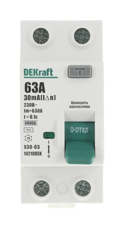 Выключатель дифференциальный (УЗО) УЗО-03 2п 63А 30мА тип AC 6кА | 14210DEK | DEKraft — миниатюра 2