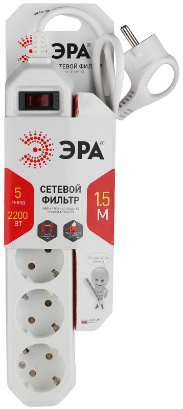 Сетевой фильтр USF-5es-1.5m-W   (белый) с заземл, 3x0,75мм2, с выкл, 5гн, 1.5м (20/600) |Б0019031 | ЭРА — миниатюра 2
