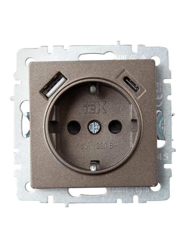 BRITE Розетка с заземлением со шторками 16А с USB A+C 18Вт РЮш11-1-БрТБ темная бронза | BR-R14-16-U22-018-K45 | IEK — миниатюра 2