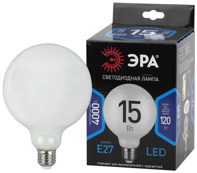 Лампа светодиодная F-LED G125-15w-840-E27 OPAL (филамент, шар опал, 15Вт, нетр, E27) | Б0047039 | ЭРА — миниатюра 1