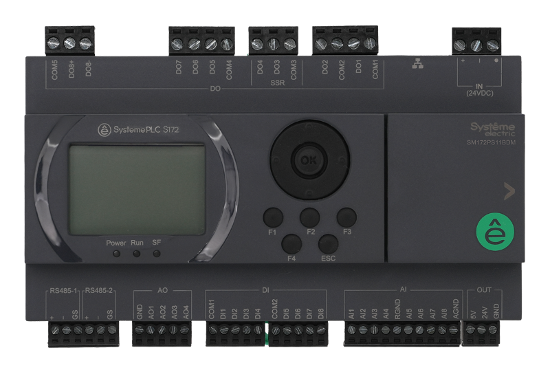 ПЛК S172; 24 VDC; дисплей; 28 IO: 8 DI, 8 DO (6 реле, 2 SSR), 8 AI, 4 AO, 2xRS485, 1xRJ45 | SM172PS11BDM | SE — Systeme Electric