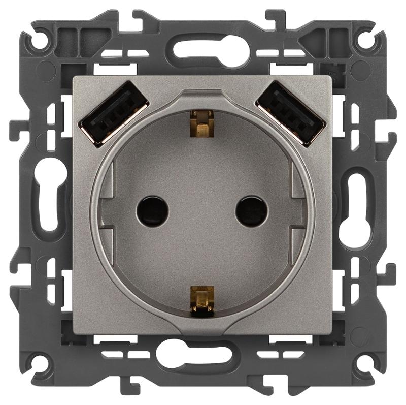 Розетка Elegance 14-4109-16 2P+E 16A-250В, штор. с 2xUSB 5В-3А, титан | Б0065775 | ЭРА — миниатюра 1