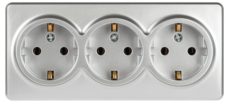Розетка ЭРА Эксперт 11-2208-03 тройная с заземлением 3х2P+E Schuko IP20 16A-250В ОУ Алюминий | Б0063010 | ЭРА — миниатюра 3