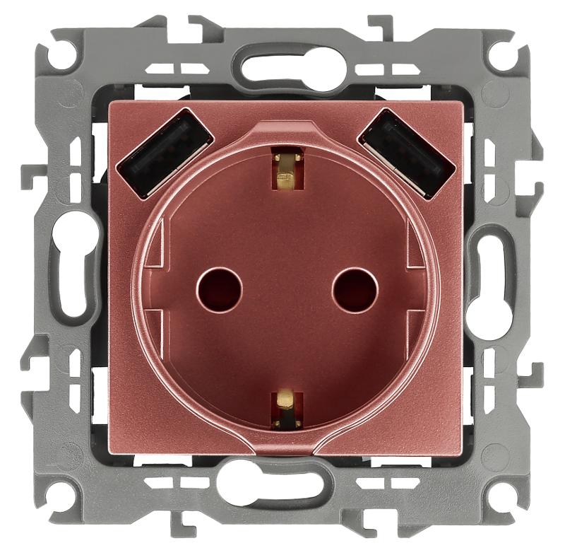 12-4109-14 Розетка с заземлением 16A-250В, штор. с 2xUSB 5В-3А, 12, медь  | Б0047848 | ЭРА — миниатюра 1