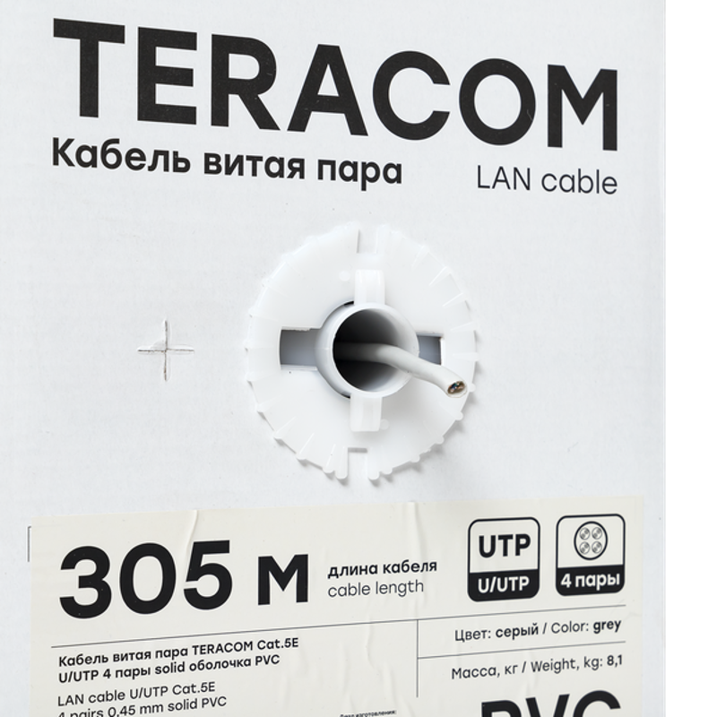 Кабель витая пара TERACOM Cat.5E U/UTP 4 пары solid оболочка PVC цвет серый (упак. 305м) | TRC-5EUTP-04PVC-GY-IN3 | EKF — миниатюра 15