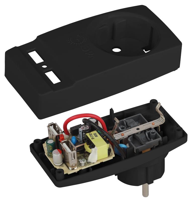 Адаптер SP-1e-USB-B "Polynom" 1гн 220V + 2xUSB 2100mA, c заземл, (черный) | Б0026333 | ЭРА — миниатюра 5