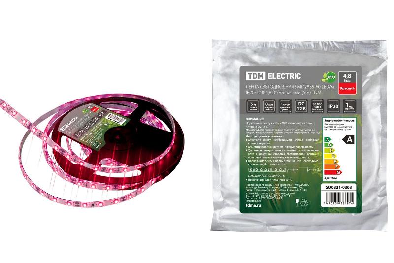 Лента светодиодная SMD2835-60 LED/м-IP20-12 В-4,8 Вт/м-красный (5 м) | SQ0331-0303 | TDM — TDM ELECTRIC