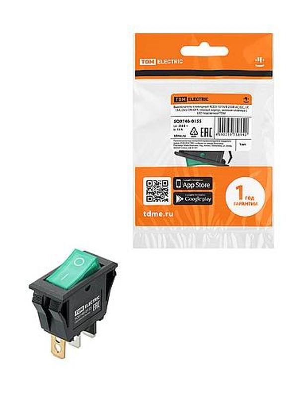 KCD3-101N/B 250В AC/DC, 1P, 15А, (3с), ON-OFF, черный корпус, зеленая клавиша, LED | SQ0746-0155 | TDM — TDM ELECTRIC